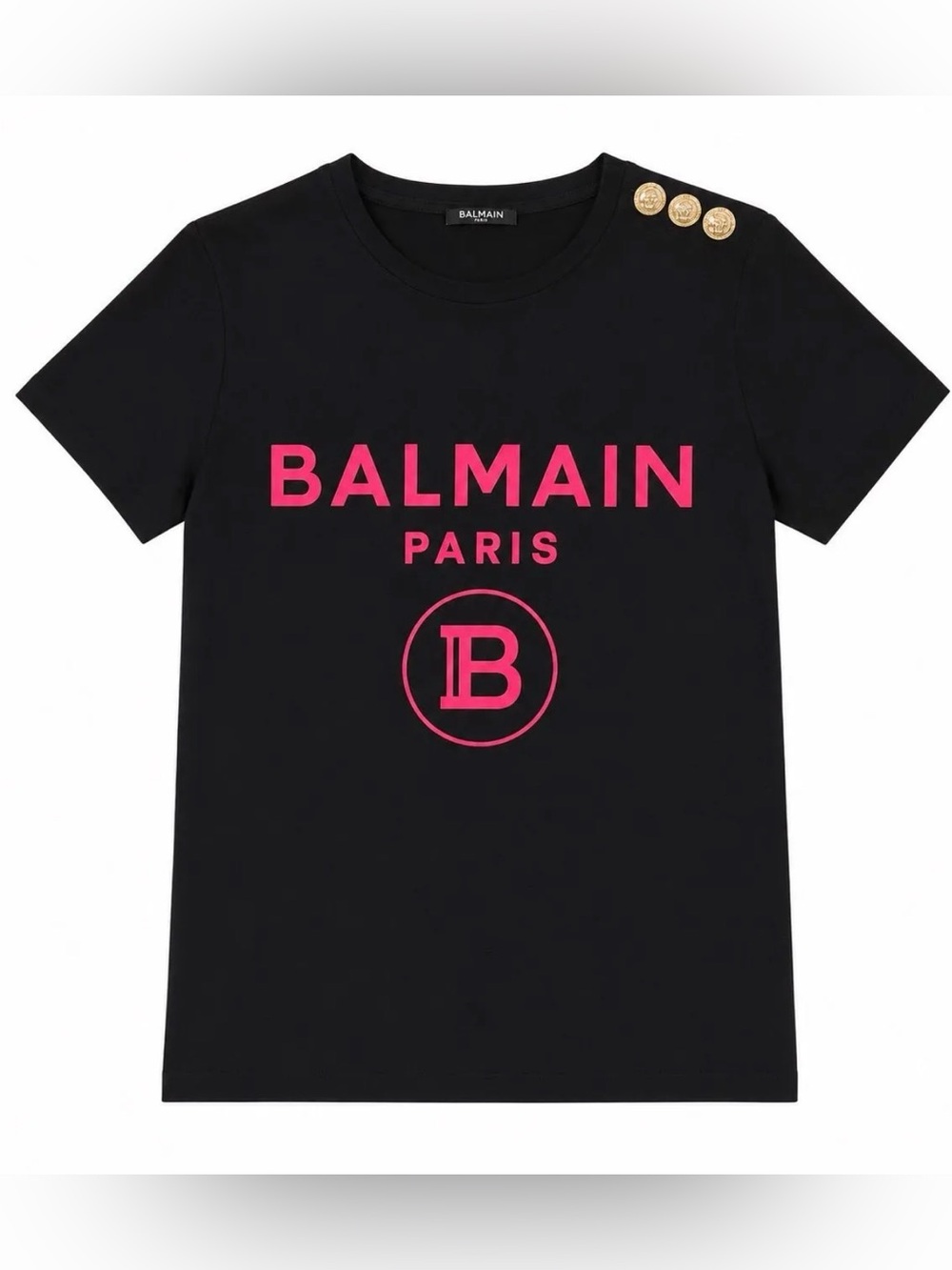 BALMAIN PARIS Black / Pink Button-Embellished Logo T-Shirt / Sz   logo small